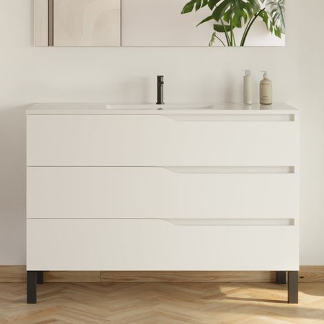 Meuble sous vasque seul, 3 tiroirs, 120cm, pour simple vasque - blanc mat - MATA