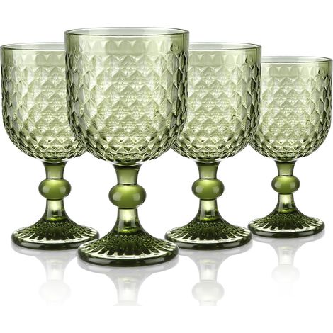 350ml Verres à Vin Vintage Verts Avec Motif en Relief en Diamant,Lot de 4 Colorés Ensemble Gobelets à Vin Pour Boissons au Jus de Vin,Verres à Boire Rétro Avec Pied,Passent au Lave-Vaisselle (1/5)