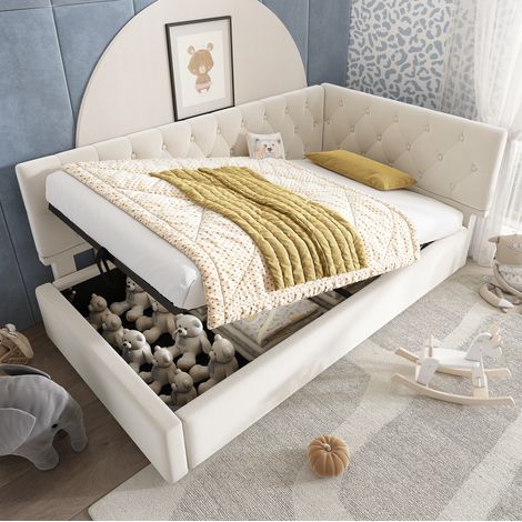 Tagesbett 90/200 cm Beige aus Samt mit hydraulischem Stauraum (1/5)