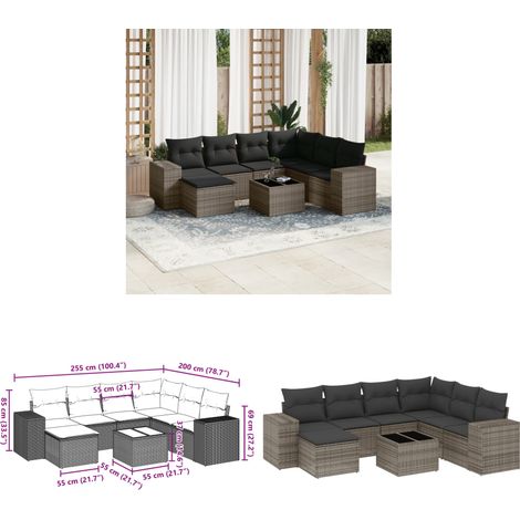 8-tlg. Garten-Sofagarnitur mit Kissen Grau Poly Rattan - Gartenmöbel Set - PE-Rattan Möbel - Outdoor Lounge - Esstisch Set - Balkonmöbel - Home & Living (1/3)