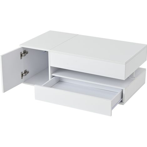 Tavolino da salotto sollevabile 95 x 50 x 40 cm bianco lucido con LED, 1 cassetto e armadietto (1/5)