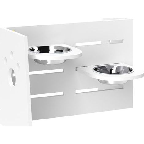Gamelle surélevée réglable en hauteur (3 niveaux), avec compartiments séparés, tapis anti-avalement inclus, 2 bols en acier inoxydable fournis, adaptée aux grands chiens, couleur blanche. (1/5)