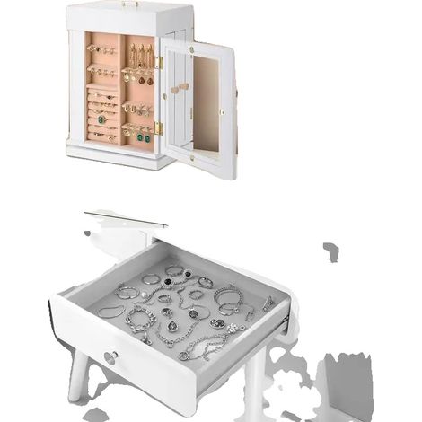 Boîte de rangement pour bijoux, matériau en bois, tissu intérieur, 10 x 10 x 7 pouces, porte magnétique, 4 crochets à collier intégrés (1/5)