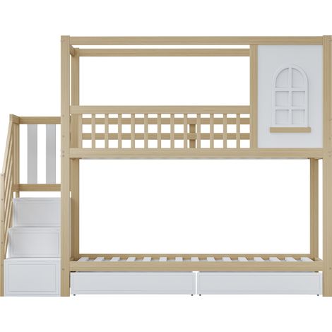 Lit superposé enfant 90x200, lit cabane en bois massif avec barrières, tiroirs de rangement et escalier sécurisé, couleur bois (1/5)