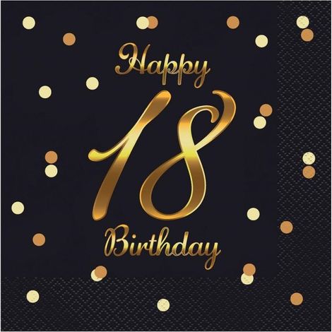 Servilletas de papel negras con la inscripci贸n "Feliz 18 Cumplea帽os", 33x33 cm, 20 unidades. (1/3)
