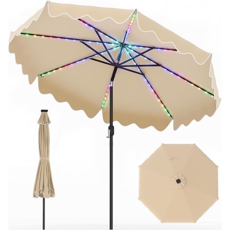 Parasol de Jardin Exterieur Lumineux 2,7M, Parasol Inclinable 30° avec 104 LED Multicolores Solaire, 8 Baleines, Manivelle, Protection Solaire, Beige (1/5)