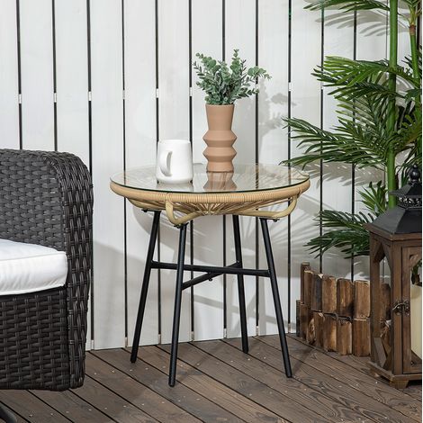 table salon extérieure ronde 50 cm rotin verre beige HAVRYA (1/4)