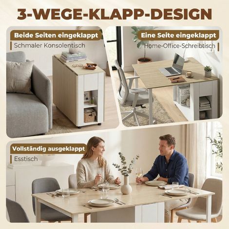 Table pliant pour 6 personnes, grande table extensible de 168 cm avec 2 tiroirs et 4 compartiments de rangement (1/5)