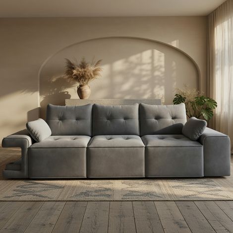 Canapé trois places, doté d'accoudoirs larges et d'un espace de rangement intégré, livré avec deux coussins,gris (1/5)