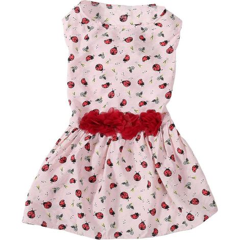 Rosa Hundekleid für Mädchen mit Marienkäfer- und Grasmuster, leicht, atmungsaktiv und bequem. Niedliches Welpenoutfit für Frühling und Sommer. Verstellbare Größe. Stilvolle Haustierkleidung. (1/5)