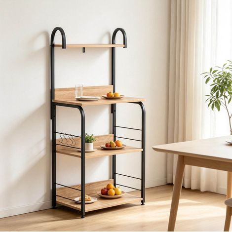 Estantería de cocina de 4 niveles con ganchos, negro y efecto madera OKMYHOME (1/5)