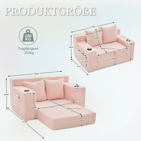 Canapé-lit confort + couchage d'appoint revêtement cachemire 2 coussins inclus porte-gobelet pouf décoratif et rangement latéral (1/4)