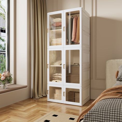 Schlafzimmerschrank - 6 transparente Türen - 10 Fächer - 1 Kleiderstange - faltbar - Weiß - 69x50x170 cm - DIY Aufbewahrungsmöbel (1/5)