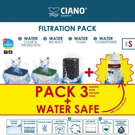 Pack entretien filtration CIANO Taille S pour filtres CF20/40, 3 mois (Water Clear, Bio-Bact, Foam) + conditionneur d’eau 15 ml (1/5)