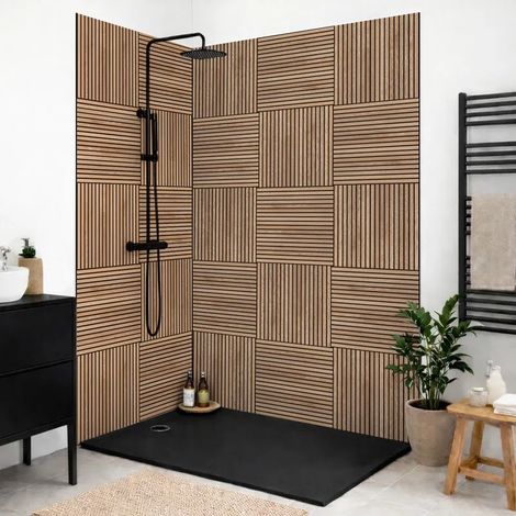 99Déco – Pack de 2 panneaux de douche en PVC 90x220 cm et 120x220 cm – Effet bois – Profilés noirs – Installation rapide et facile – Étanchéité garantie (1/5)