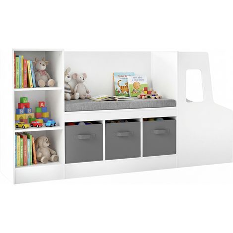 Bibliothèque Enfant avec Banc de Lecture Forme Voiture avec 6 Casiers, 3 Tiroirs Tissu, Coussin Lavable, 159x40x81,5cm, pour Enfants 3+ Ans (1/5)