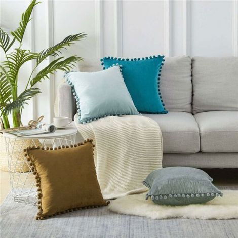 Housse De Coussin - Velours - 50x50 Cm - Carré - Avec Pompoms - Pour Canapé Chambre Bureau Jardin - Lot De 2 (1/5)
