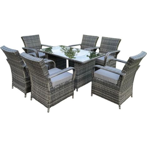 Fimous Outdoor Rattan Gartenmöbel Essplatz Tisch und Stuhl Set Wicker Patio 6 Stühle Plus Schwarz Gehärtetes Glas Rechteckiger Tisch (1/5)