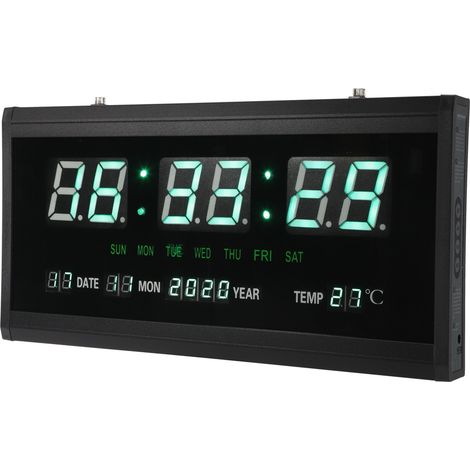 Horloge murale LED numérique calendrier perpétuel, cadre noir chiffres verts, prise UE 110-220V, pour salon bureau (1/5)