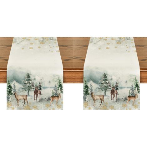 Camino de mesa navideño con motivo de ciervos y árboles, 33 x 183 cm. Decoración de mesa invernal con copos de nieve en acuarela (2 piezas). (1/4)