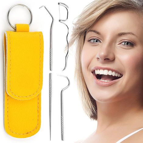 Nécessaire de soins dentaires portatif 4 pièces en acier inoxydable, kit de cure-dents avec sonde, pince et détartreur pour nettoyage des dents et élimination du tartre. (1/5)