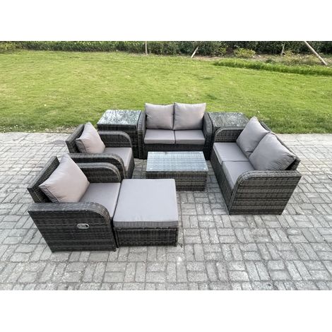 Fimous 7-Sitzer Rattan Gartenmöbel Set Patio Outdoor Lounge Sofa Set mit rechteckigem Couchtisch Großer Fußhocker Liebe Sofa 2 Beistelltische Dunkelgrau Gemischt (1/5)