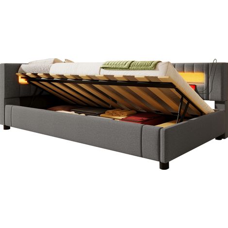 CHICFURN Sofá cama 90x200 cm con almacenaje hidráulico, luz LED multicolor, USB + Tipo C, tapizado en tela gris, sin colchón, para dormitorio y salón (1/5)