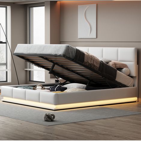 Lit coffre 180x200 cm en tissu blanc avec LED et tête de lit réglable (1/5)