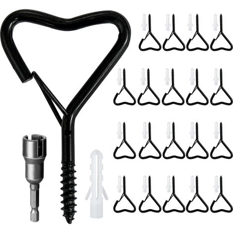 Lot de 20 crochets à vis en acier noir diamant avec boucle de sécurité, parfait pour les lumières d'extérieur, les plantes, les cintres, les cloisons à vent, les pots de fleurs