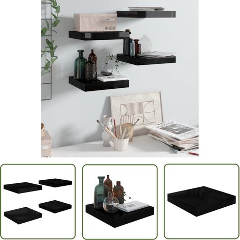 The Living Store Étagère murale flottante 4 pcs Noir brillant 23x23,5x3,8 cm MDF - Étagère Murale - Étagères Murales - Étagère Flottante - Décoration Murale - Rangement Mural (1/5)