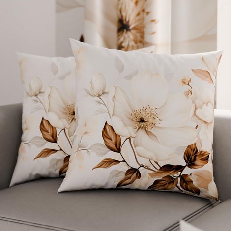 Lot de 2 Taies d'Oreillers 50x50 cm 100% Microfibre Hypoallergénique, Housse Oreiller Rectangulaire Motif Floral Beige, Paquet de 2 (1/3)