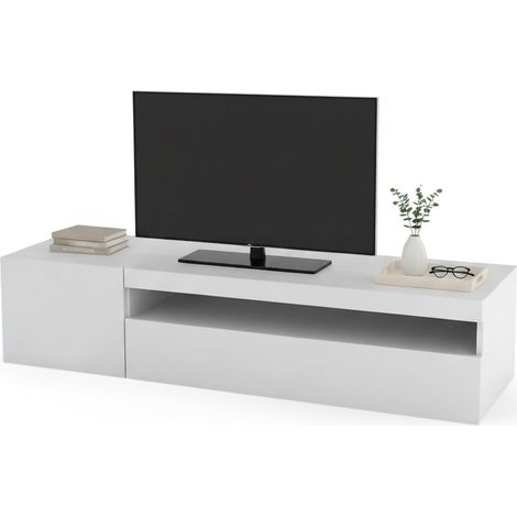 Dmora Mobile da soggiorno Porta TV, Made in Italy, Supporto per TV a 2 ante, Porta TV da salotto, cm 150x40h37, colore Bianco lucido, con luce LED blu, con imballo rinforzato