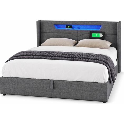 CHICFURN Lit double capitonné LED avec ports USB et Type C, rangement, 140 x 200 cm (1/5)