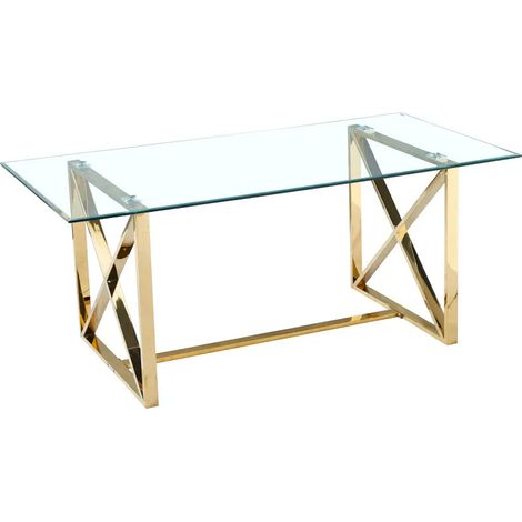 Table à manger verre transparent pied métal doré 180x90 cm KENSY