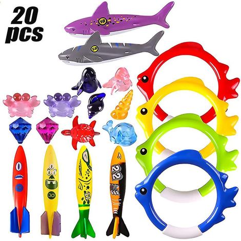 Jouets de plongée pour enfants, 20 pièces lot d'accessoires de piscine sous-marine, anneaux de plongée, torpilles, requins, pieuvres, pierres précieuses et animaux marins pour entraînement aquatique (1/5)