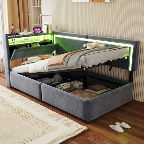 Cama con canapé 90x200 con LED, USB y cabecero con almacenaje, terciopelo gris oscuro HAVRYA (1/5)