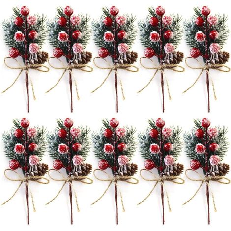 Lot de 10 tiges de Baies de Noël Rouges de 15 cm - Petits Pics et Sprays de Noël artificiels avec Pommes de pin, Houx, Baies de Noël, décorations de Fleurs pour couronnes de Noël
