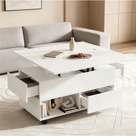 Mesa baja elevable multifunción 100 x 50 x 52 cm con 4 cajones, ruedas, blanco HAVRYA (1/5)