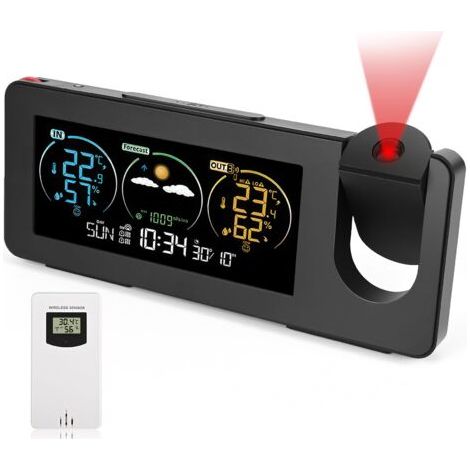 Station Météo Interieur Exterieur Sans Fil, Thermomètre et Hygromètre avec Projection, Capteur, Prévisions Météorologiques, Alarme, Date Heure, Rétroéclairage Réglable, Baromètre (1/5)