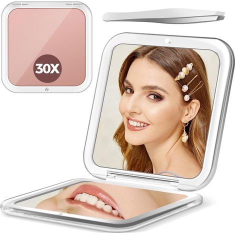 Miroir grossissant, miroir cosmétique grossissant x30, petit miroir cosmétique 8 x 8 cm, double face, miroir de voyage pliable (1/5)