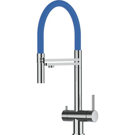Rubinetto 3 vie miscelatore lavello cucina VIZIO in Acciaio INOX Lucido - Canna blu movibile e doccia due getti staccabile - ACCIAIO CHIRURGICO AISI 316 (1/5)