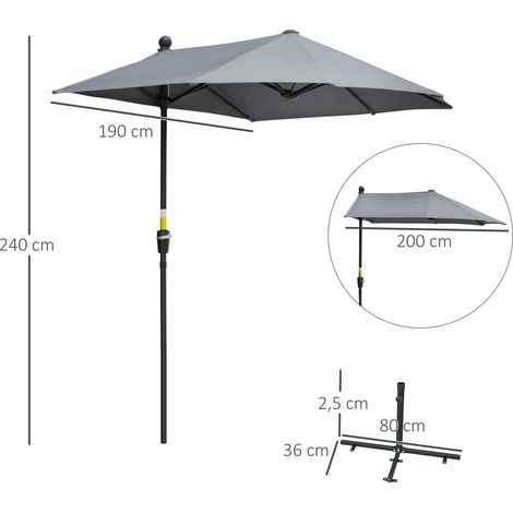Parasol demi-rond 2x2m, support inclus, hydrofuge, 100% polyester gris foncé, pour jardin et terrasse