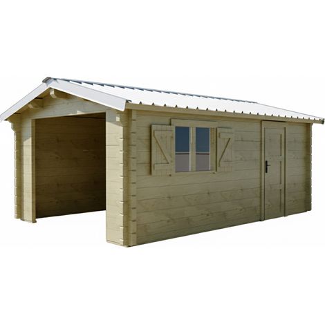 HABRITA Garage bois massif 19,73 m² madriers 42 mm - toit shingles double pente - porte métallique