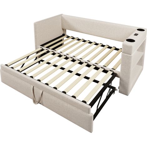Lit de jour capitonné 90x190 cm, lit simple convertible en canapé avec lit gigogne, accoudoirs avec ports de charge USB et Type-C et porte-gobelet, tissu mélangé lin, beige, sans matelas. (1/5)