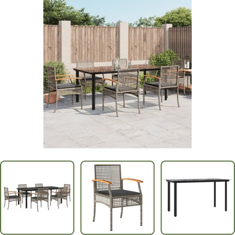 Gartenstuhl -  7-tlg. Garten-Essgruppe mit Kissen Grau Poly Rattan (1/5)
