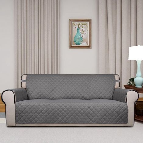 Funda acolchada de doble cara para sofá，impermeable y protectora de muebles，con banda elástica antideslizante，gris/marfil) (1/5)