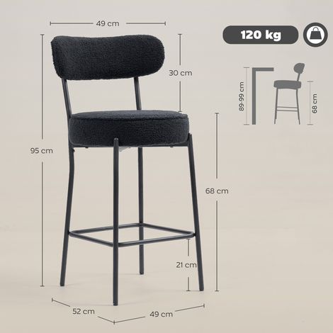Ensemble de 2 tabourets de bar avec assise et repose-pieds rembourrés, revêtement polaire, structure en métal, noir (1/5)