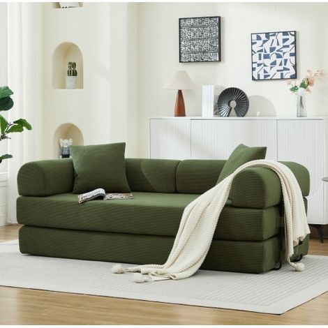 Sofá cama plegable convertible en cama con 2 cojines, 200x90x75 cm, tejido de pana verde, OKWISH (1/5)