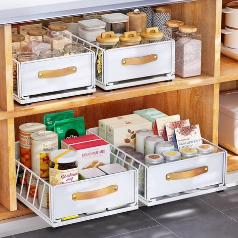 Tiroir Coulissant Cuisine, Organiseur D'armoire Coulissant Fixé Avec Un Nano Film Adhésif, étagères De Garde-Manger Coulissantes Robustes,Blanc(1 pièce) (1/5)