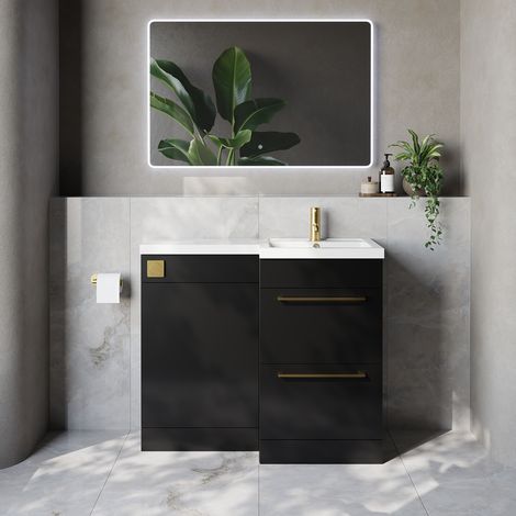 Napoli 390 Matt Black 1000mm 2 Drawer Vanity Unit Toilet Suite with Right Hand Square Lucia Basin - 1000mm - Brushed Brass 320mm HandleWithout Kingston Toilet Pan